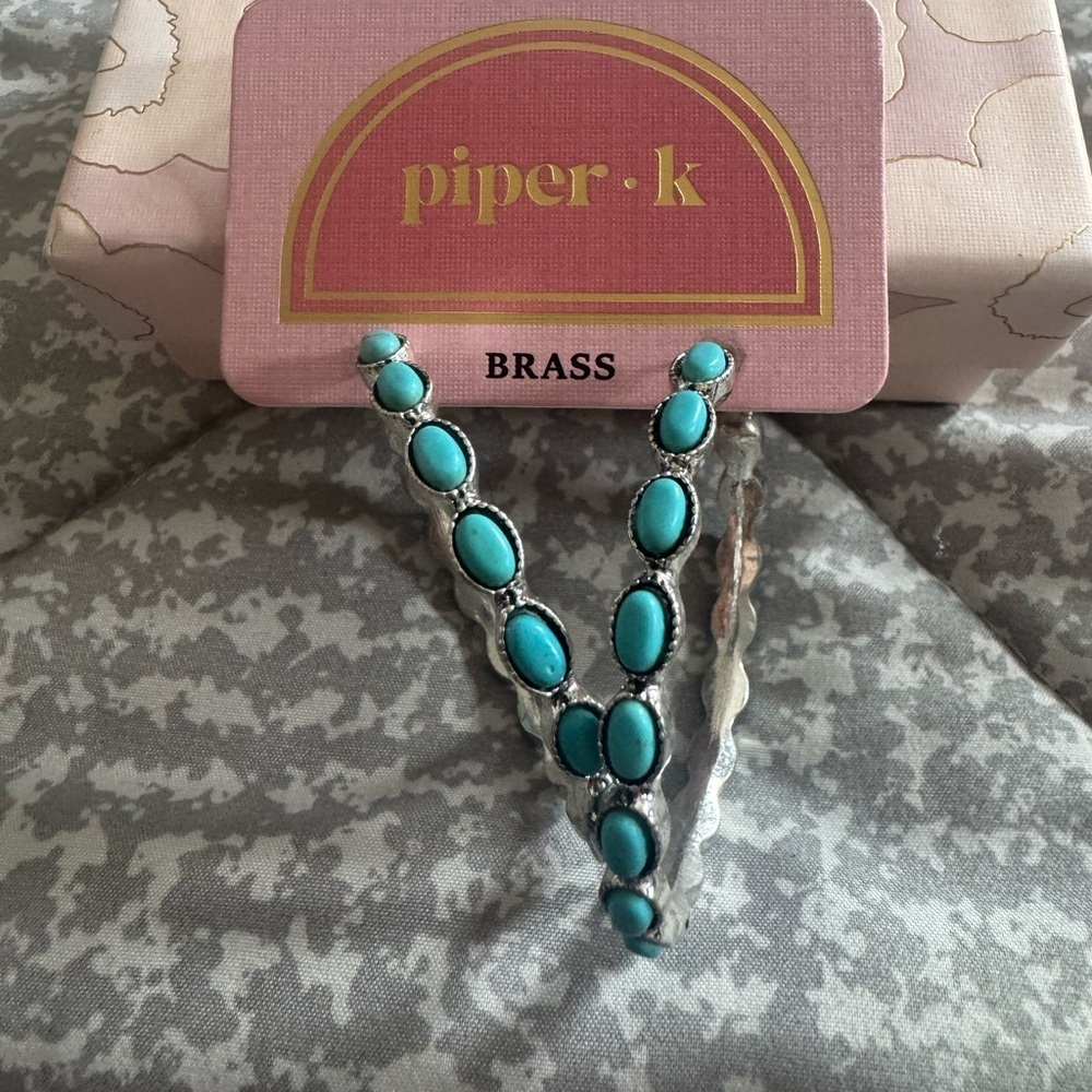 Piper K Brass and Turquoise Dangle Hoops/Earrings - Picture 4 of 6